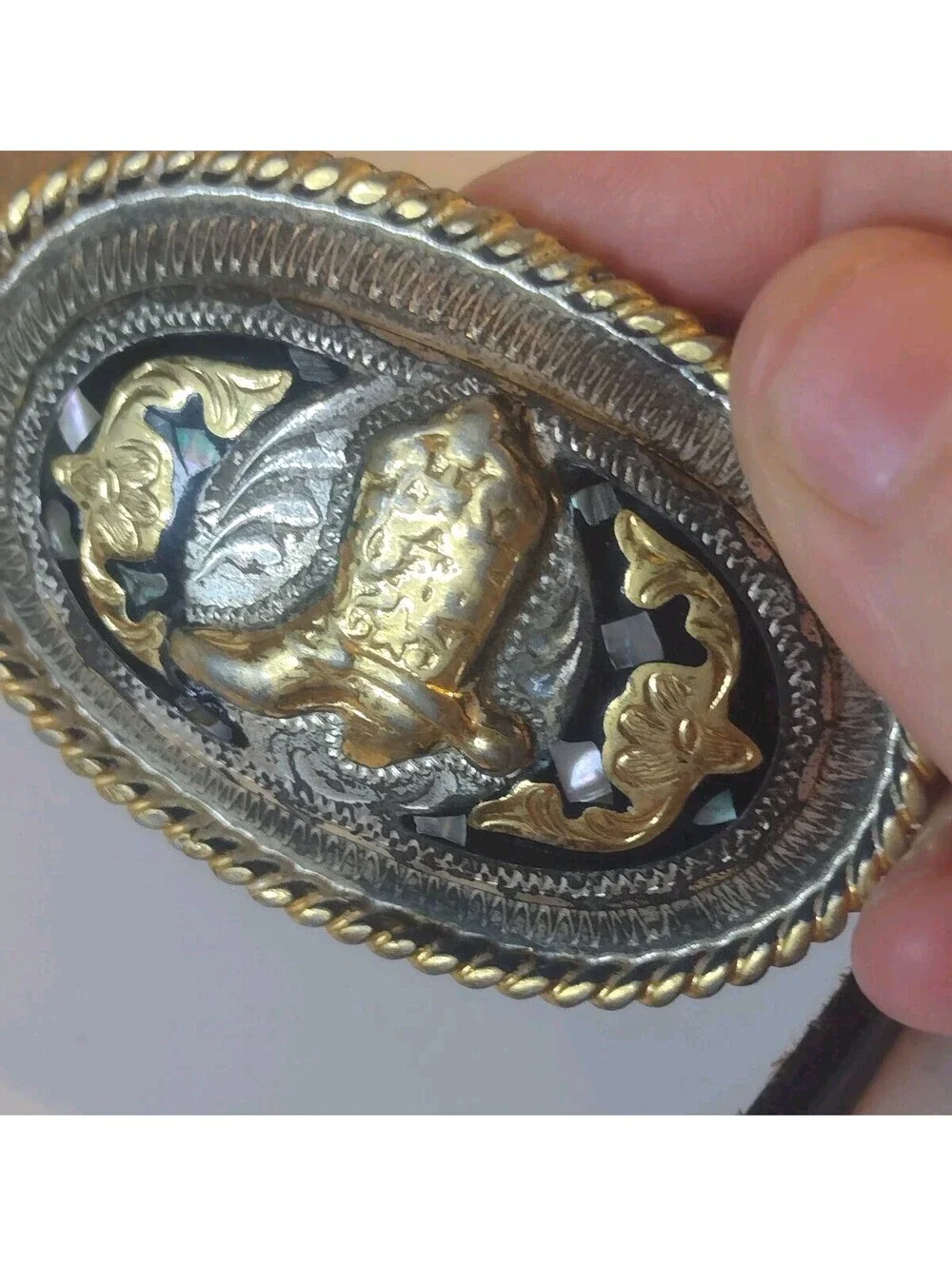 Vintage 70s Hand Tooled Leather Belt Alpaca Mexico Cowboy Boot Buckle Western